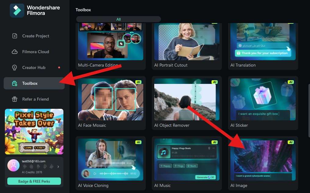 find the ai image feature filmora