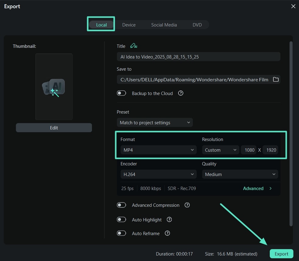 set file format and export video