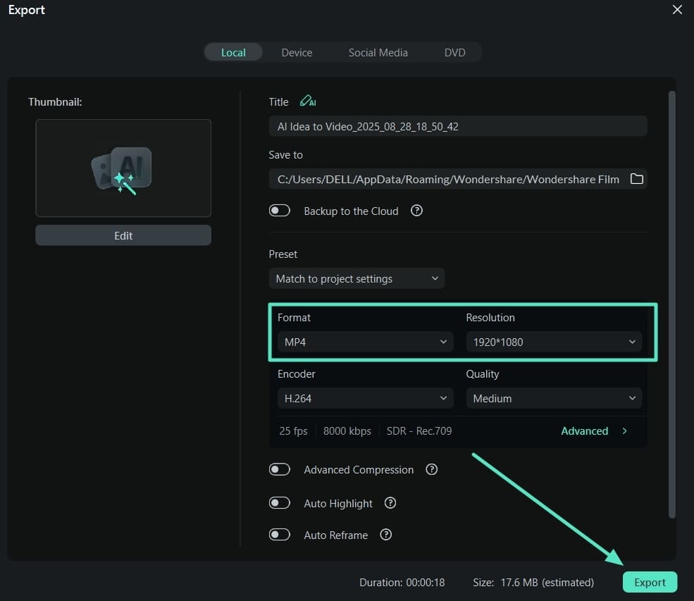 set file format and resolution export