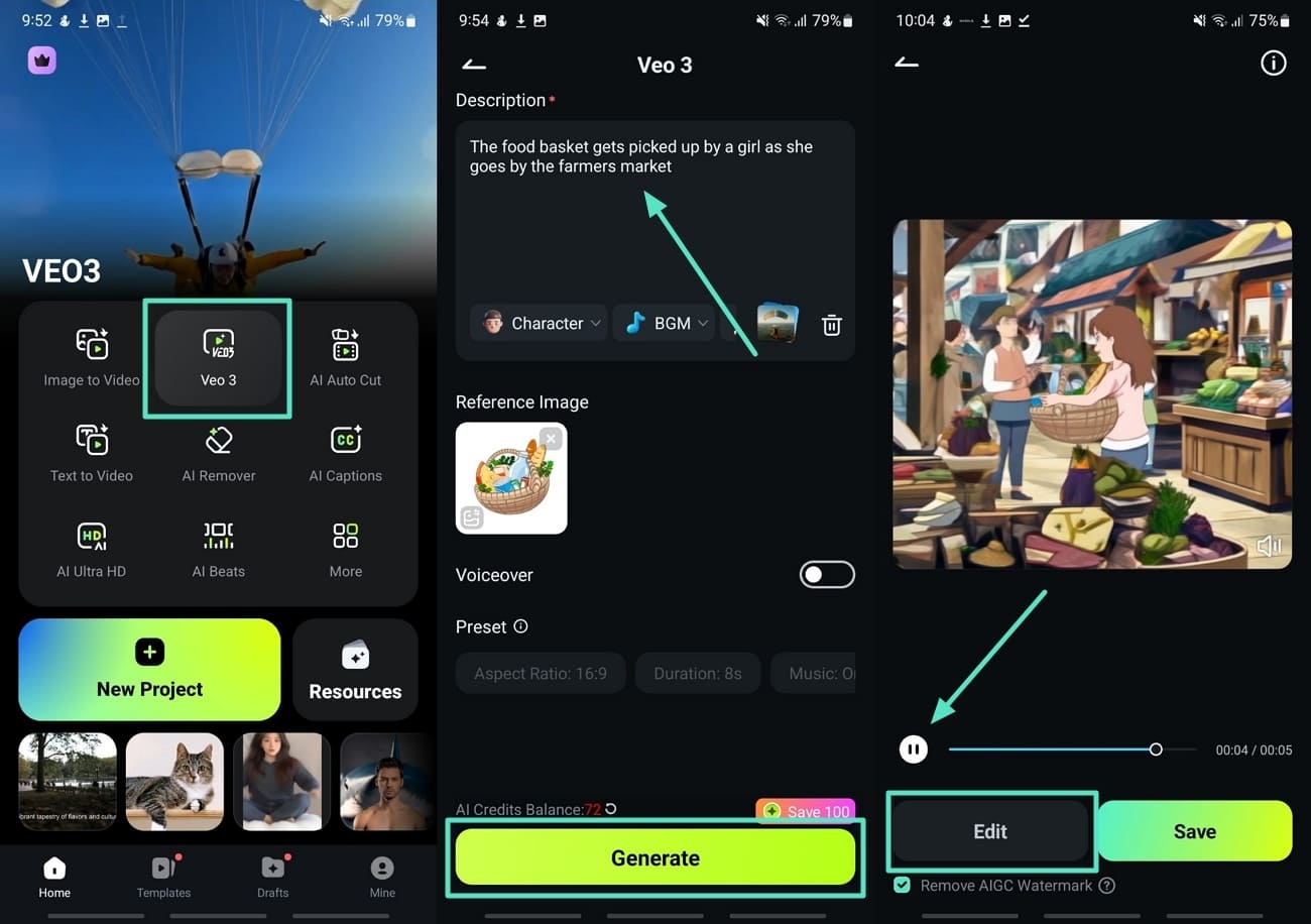 locate veo 3 function filmora app