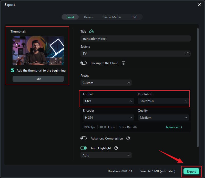 export translated video filmora