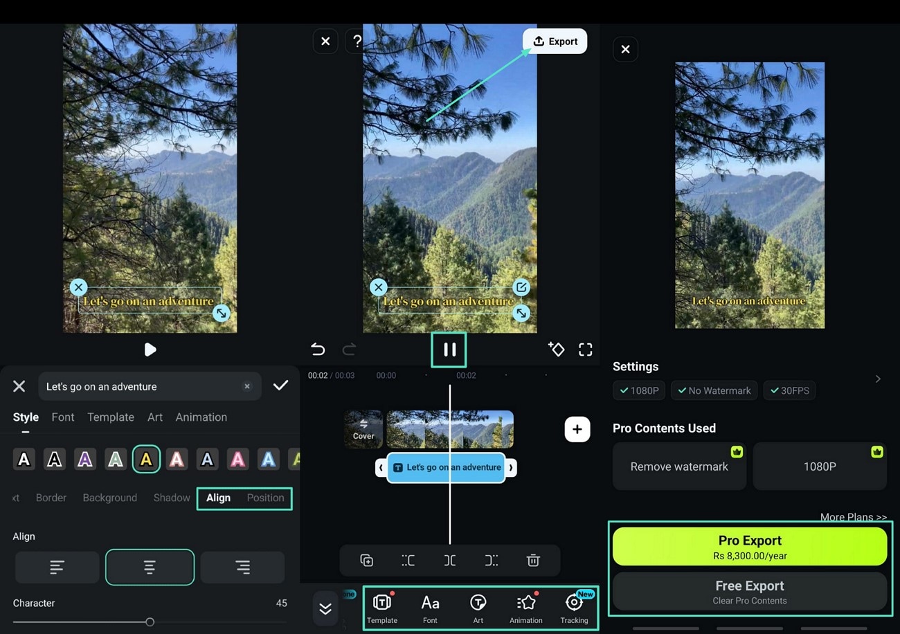 align caption and export from app