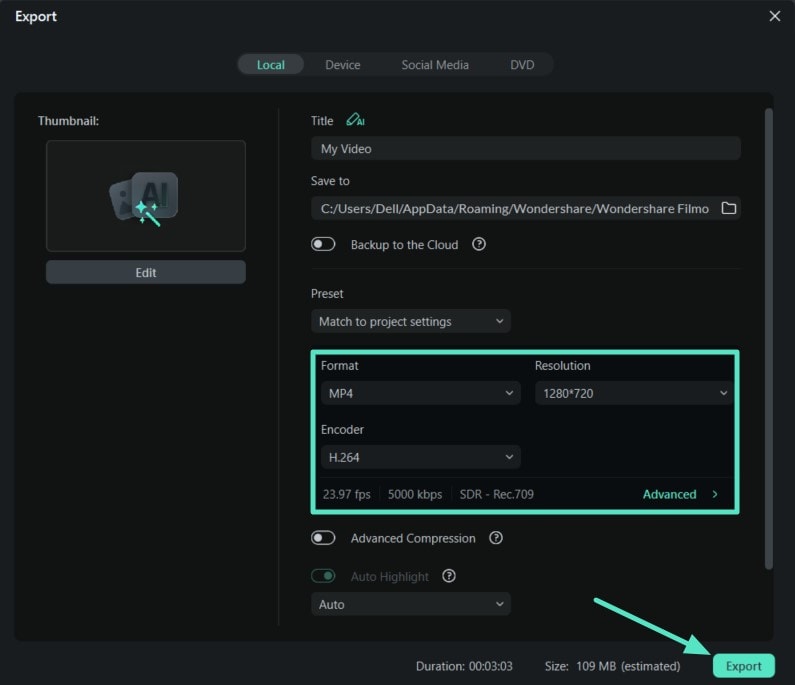 choose file format and hit export