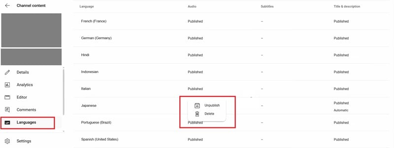 remove dubbing language