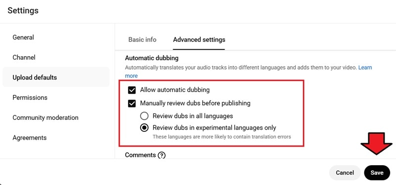 adjust dubbing settings and save