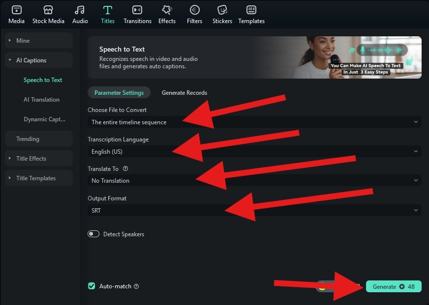 generate auto captions for videos filmora