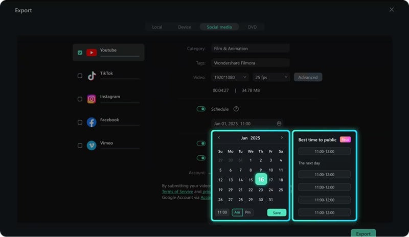 set schedule upload on filmora