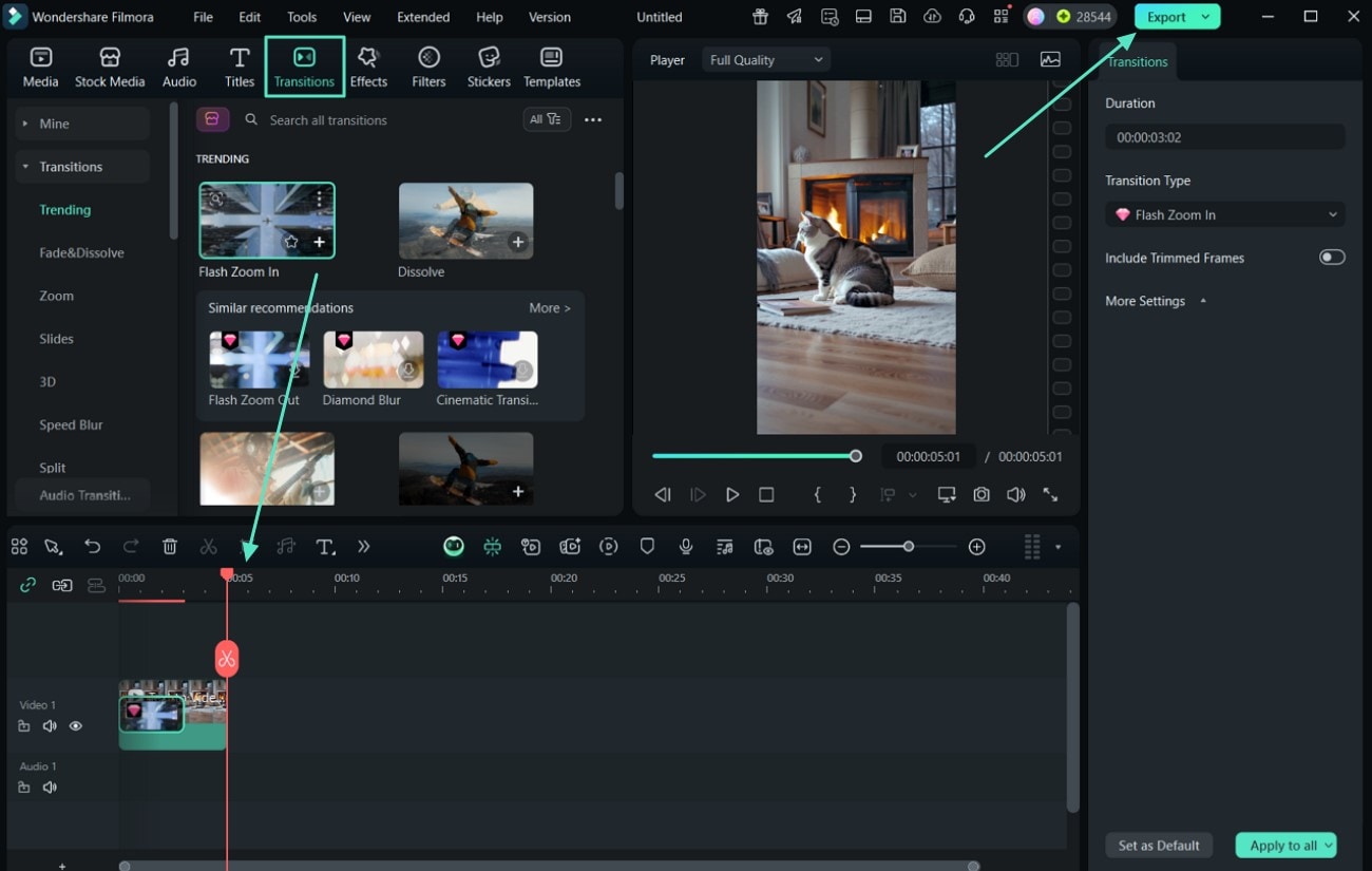 insert smooth transitions export video