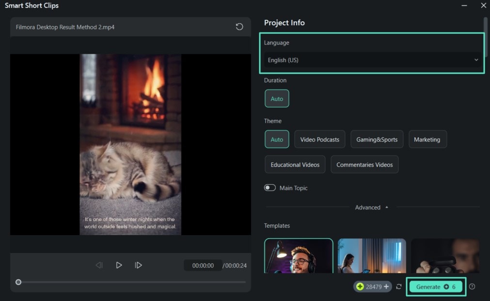 select language hit generate short clips