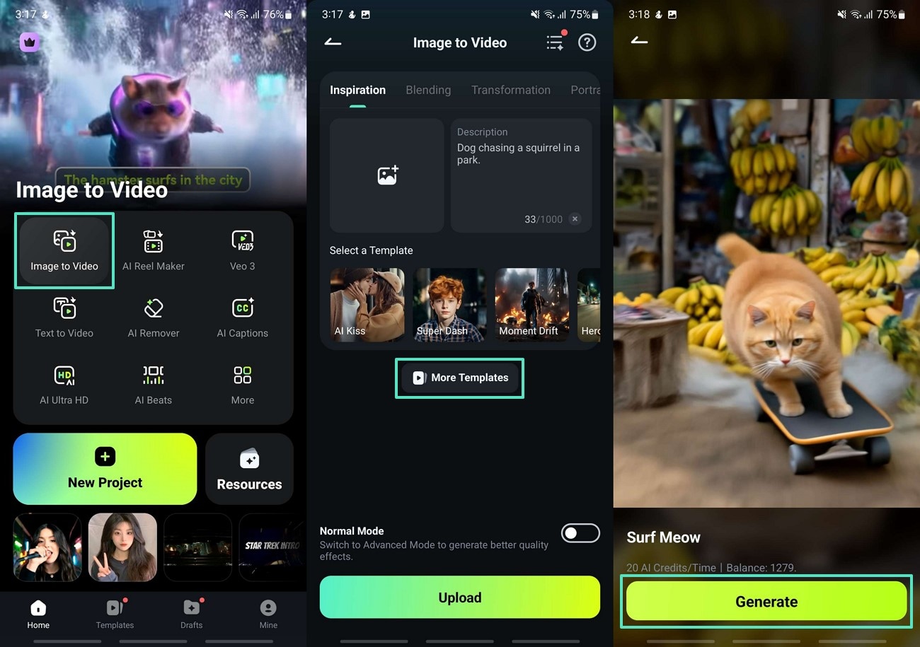 generate from image to video templates
