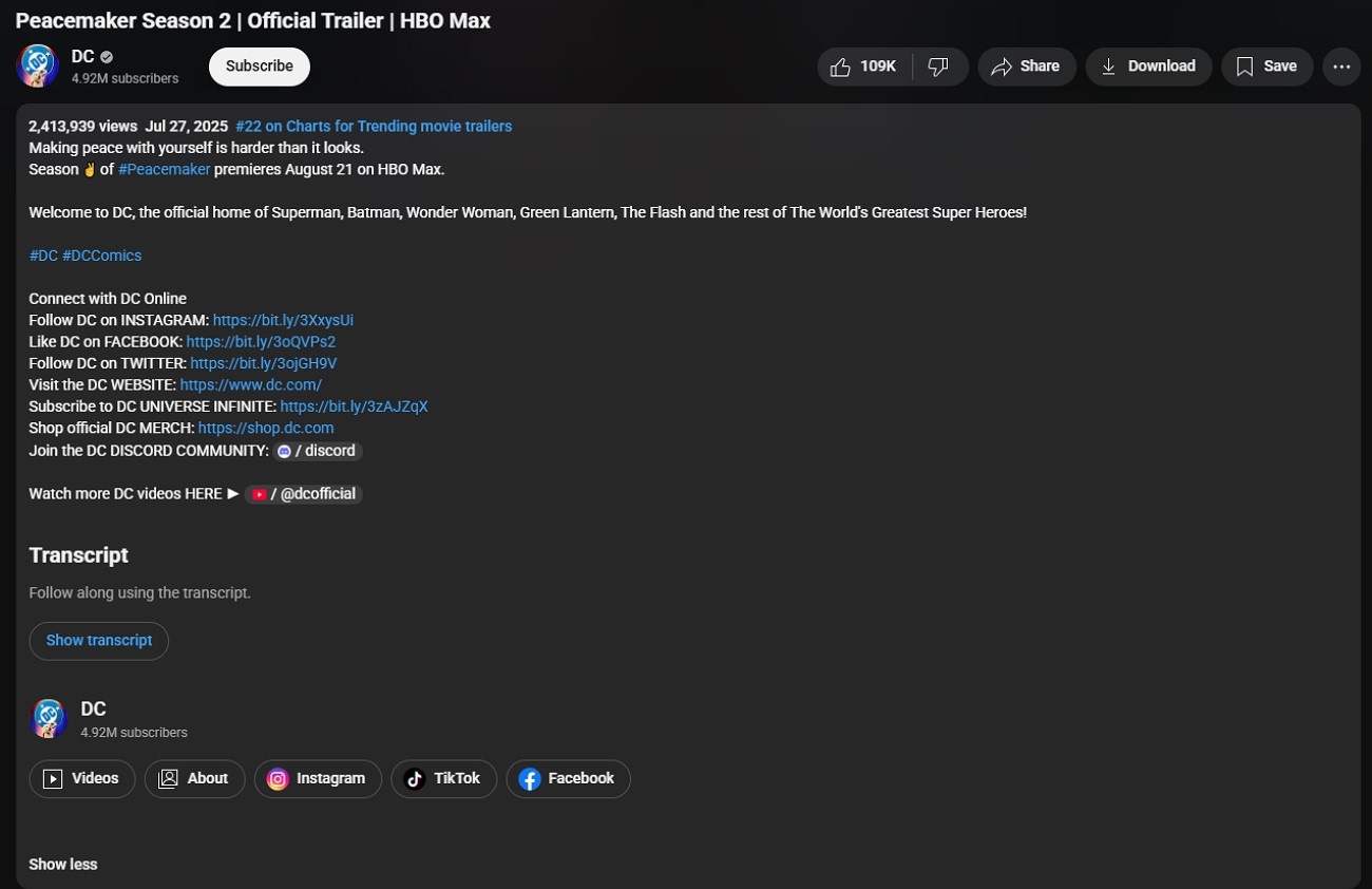 insérer la description des données vidéo YouTube