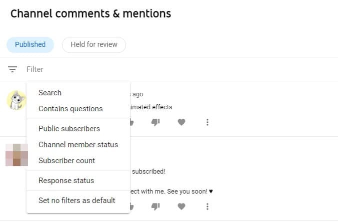   YouTube Studio comment filter