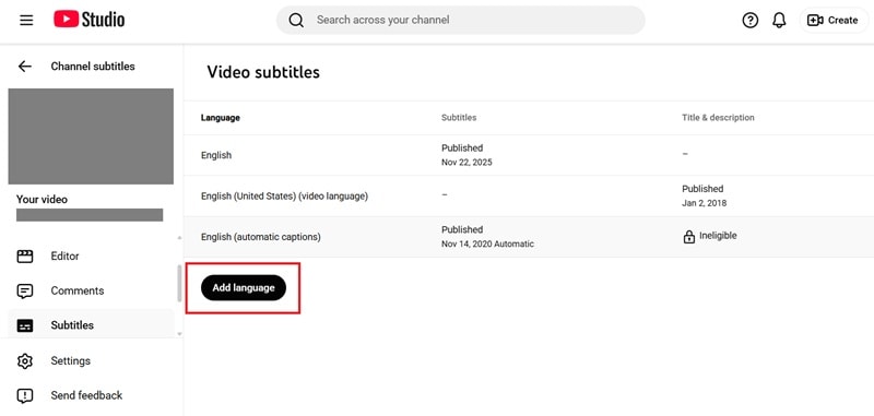 click add language for subtitle