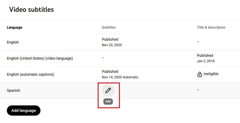 click add on new language