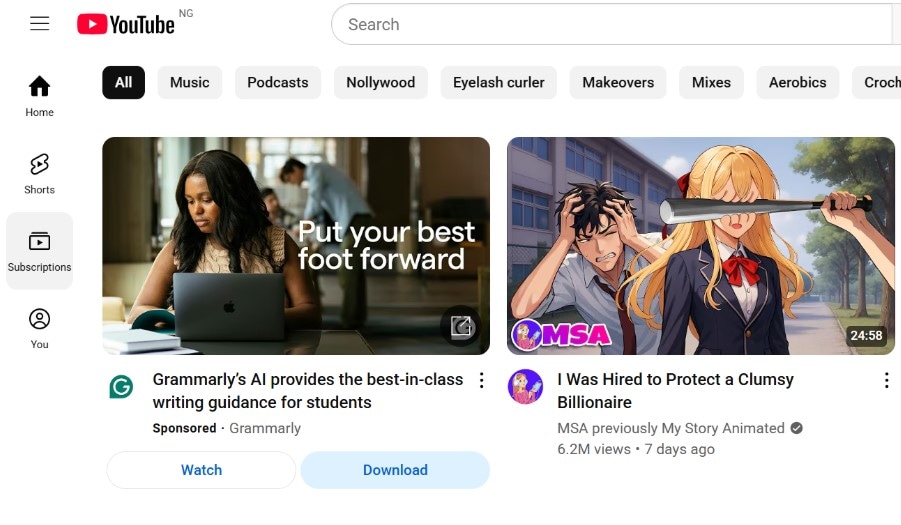 youtube videos on the homepage