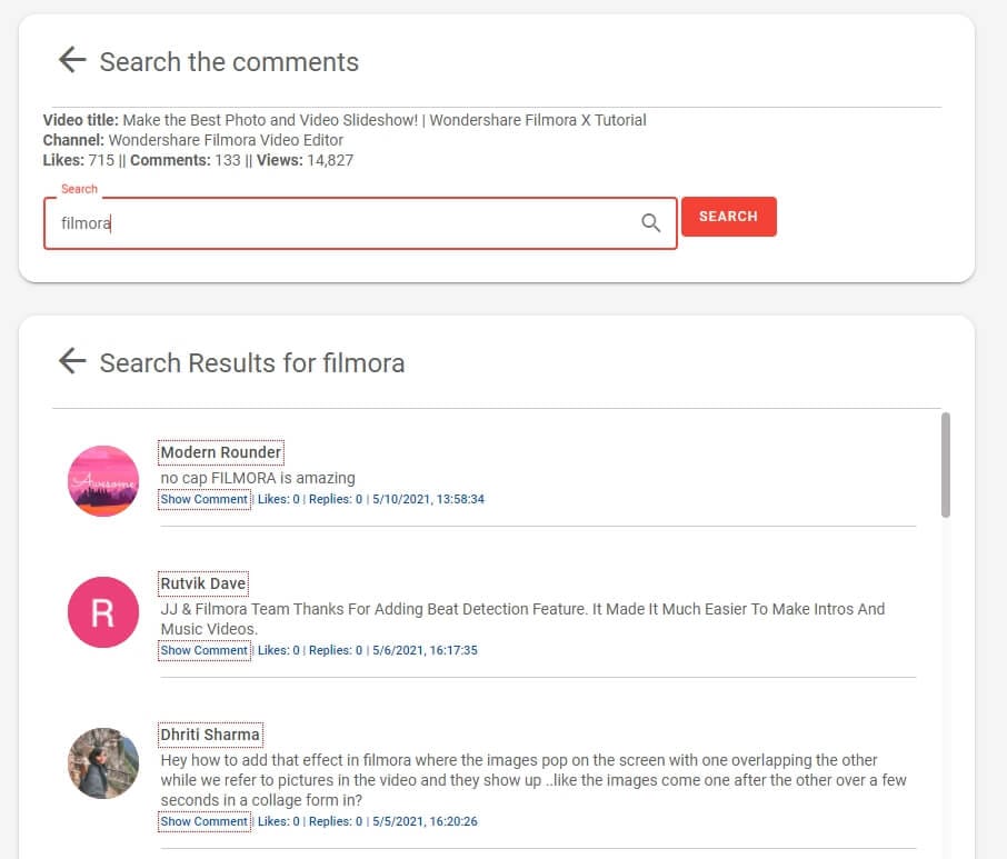 YTComment Finder  search feature