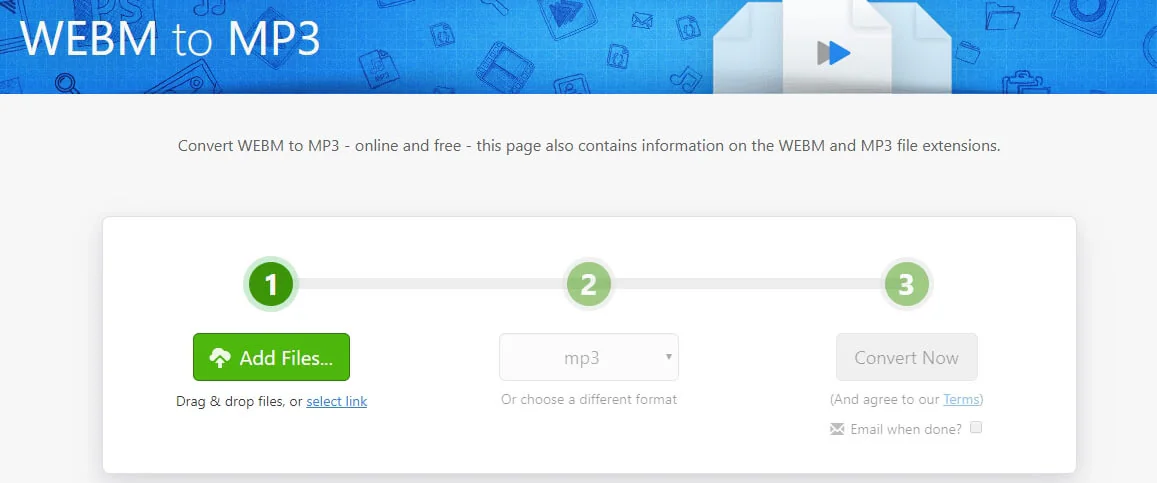 Converti video WebM in MP3 con Zamzar