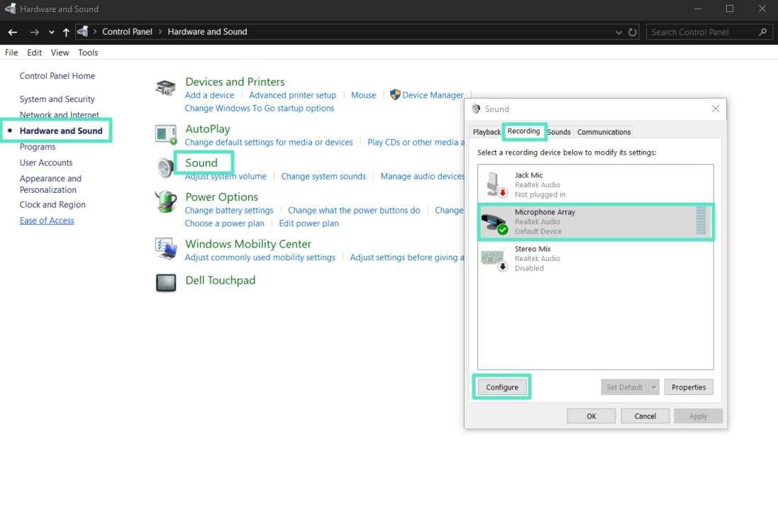configure microphone array sound settings