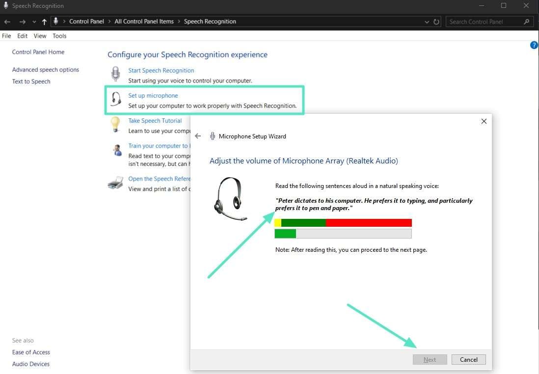 adjust volume through microphone setup wizard