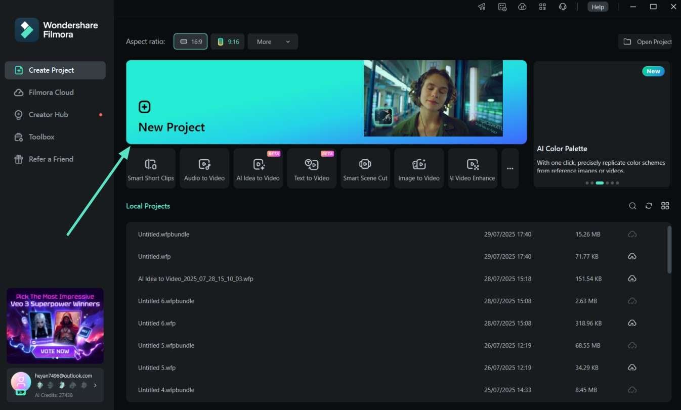 launch filmora desktop and start new project