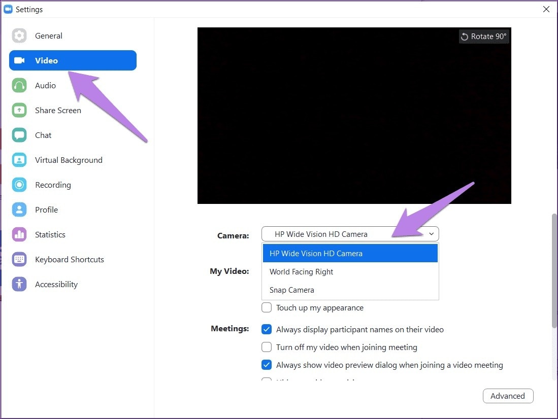 select your camera in zoom