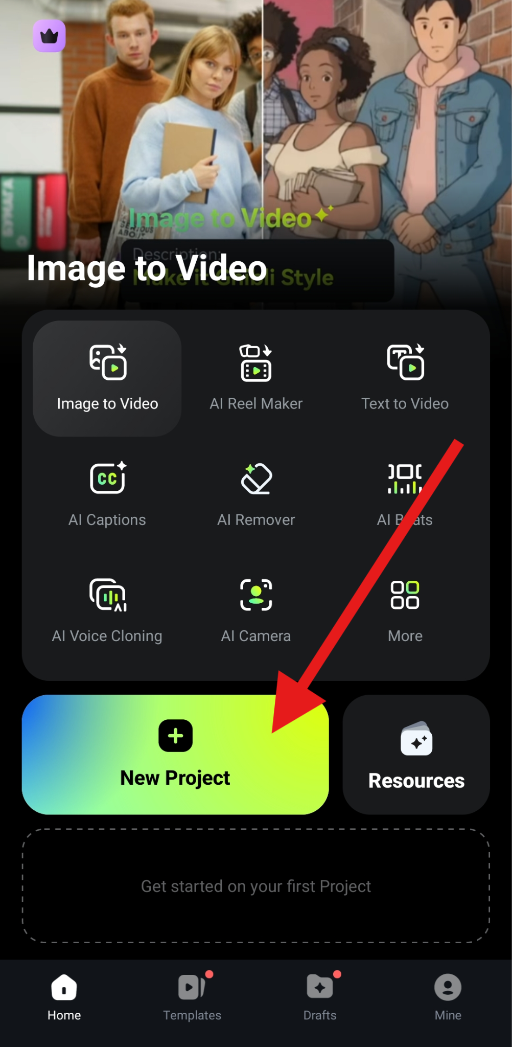 create a new project filmora mobile