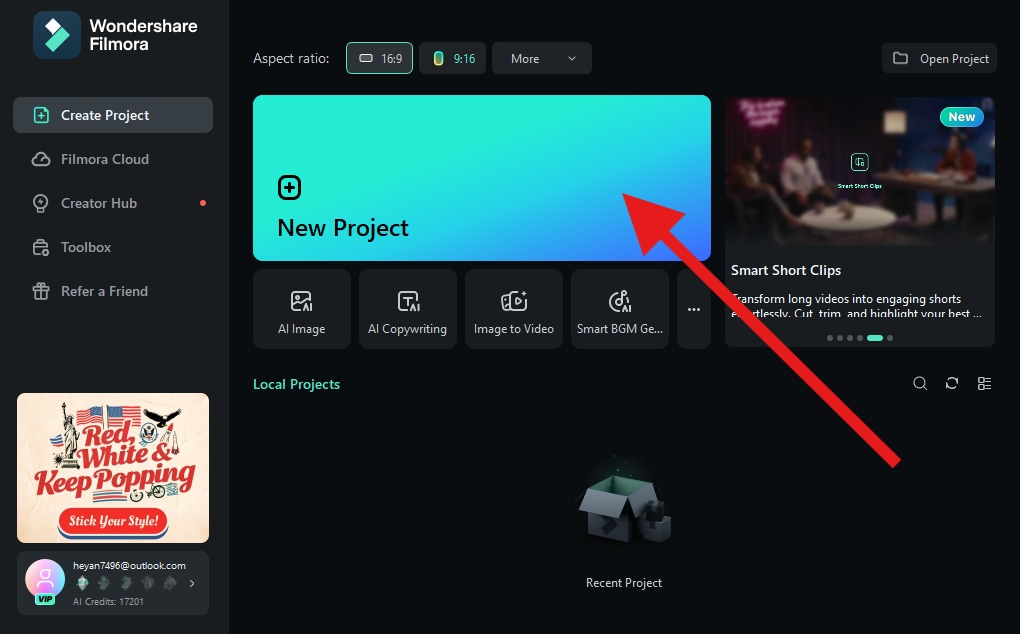 create a new project using filmora