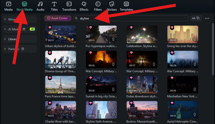 access stock media tab filmora pc