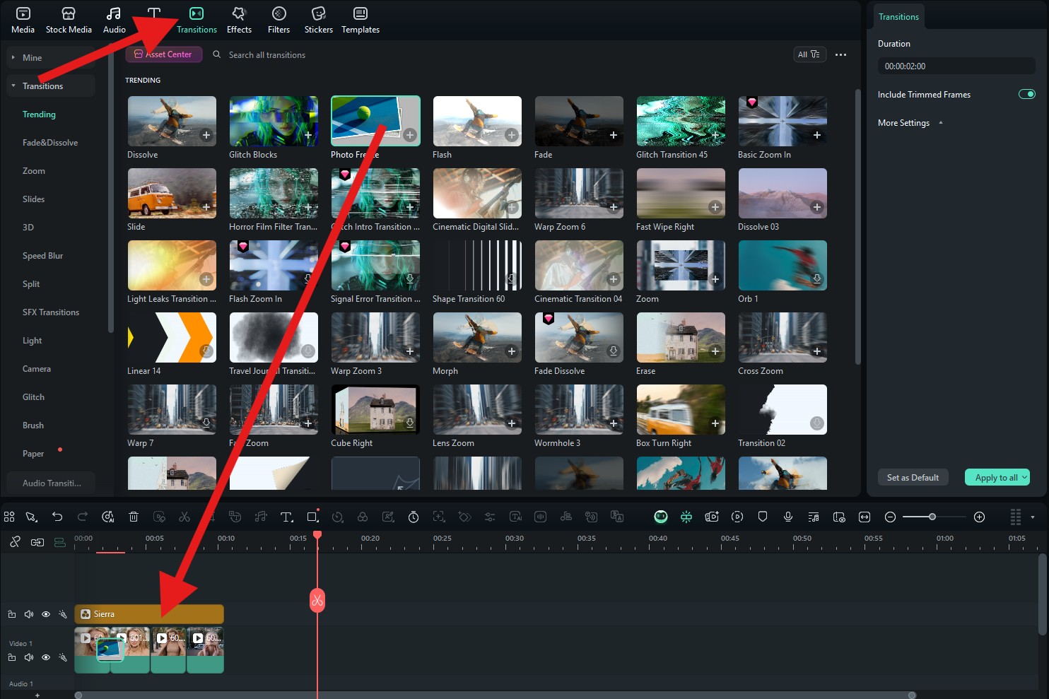 add transitions between clips filmora pc