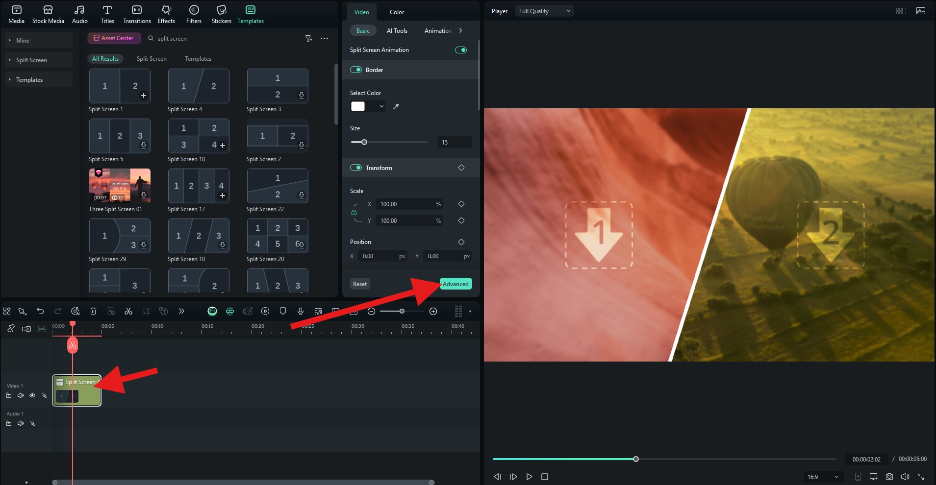activate advanced split screen template