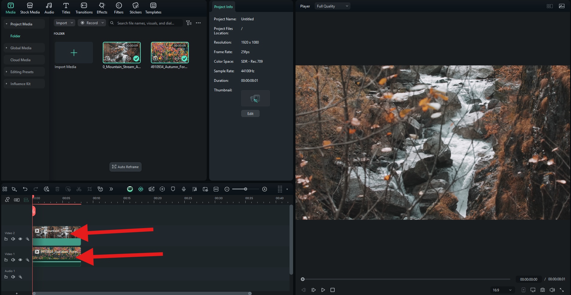 move video clips in editing timeline filmora