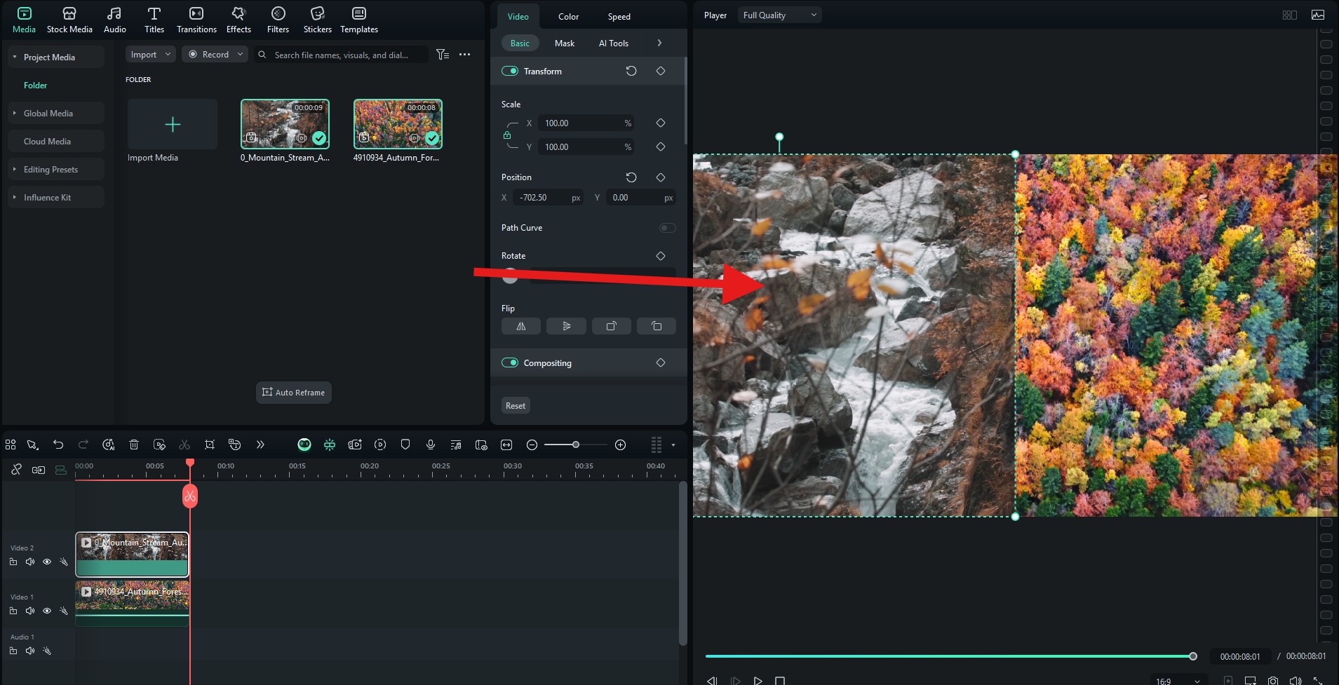 adjust clips in video player filmora