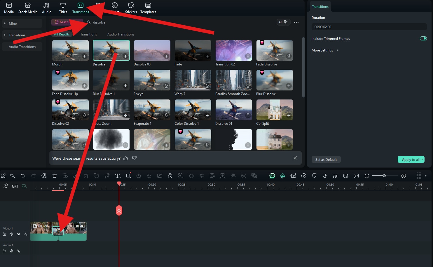 drag dissolve transition between two clips