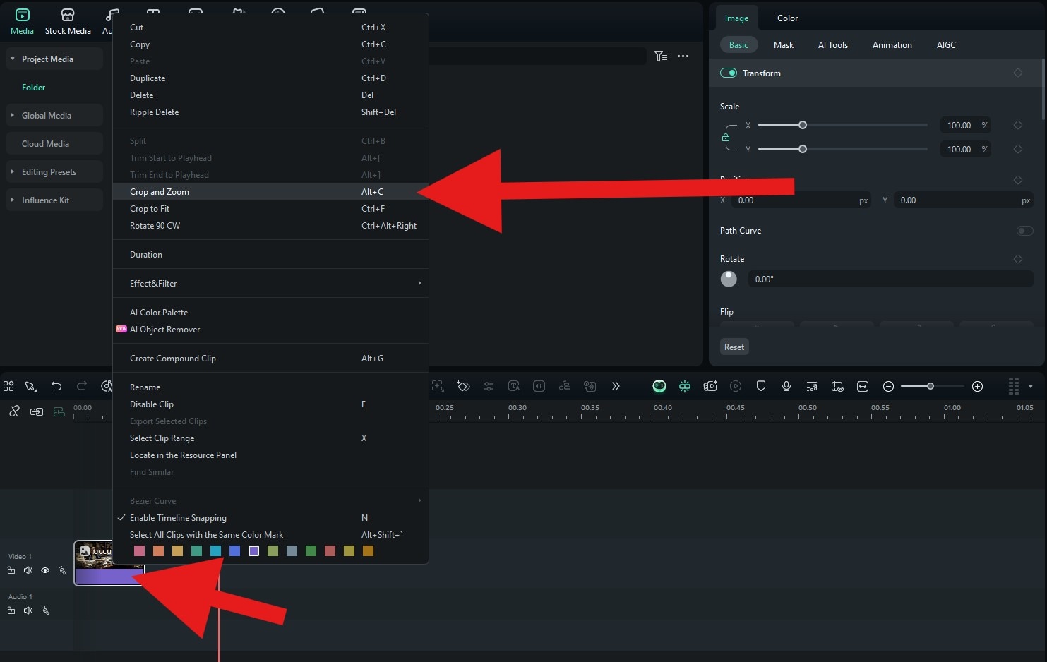 use crop and zoom feature filmora