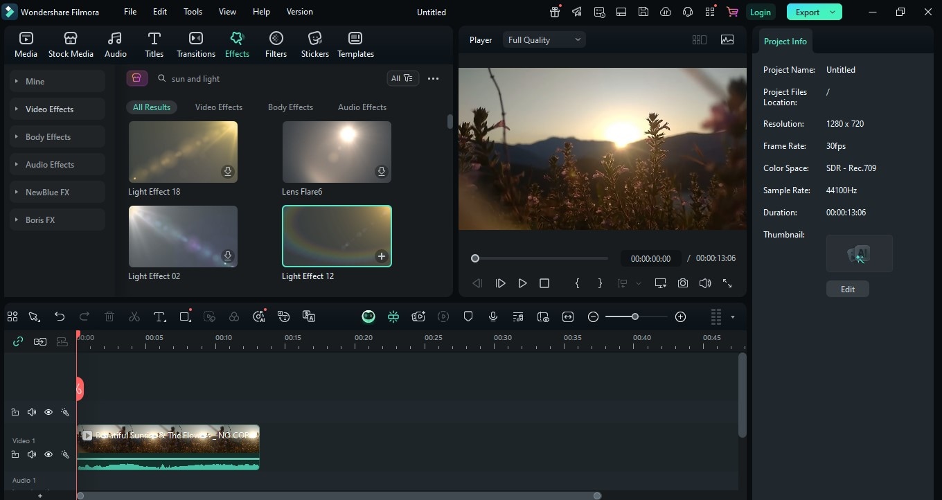 after importing video, go to effects and search for sun and light filters