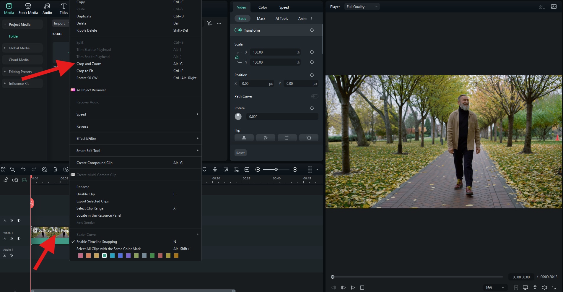 use crop and zoom feature filmora