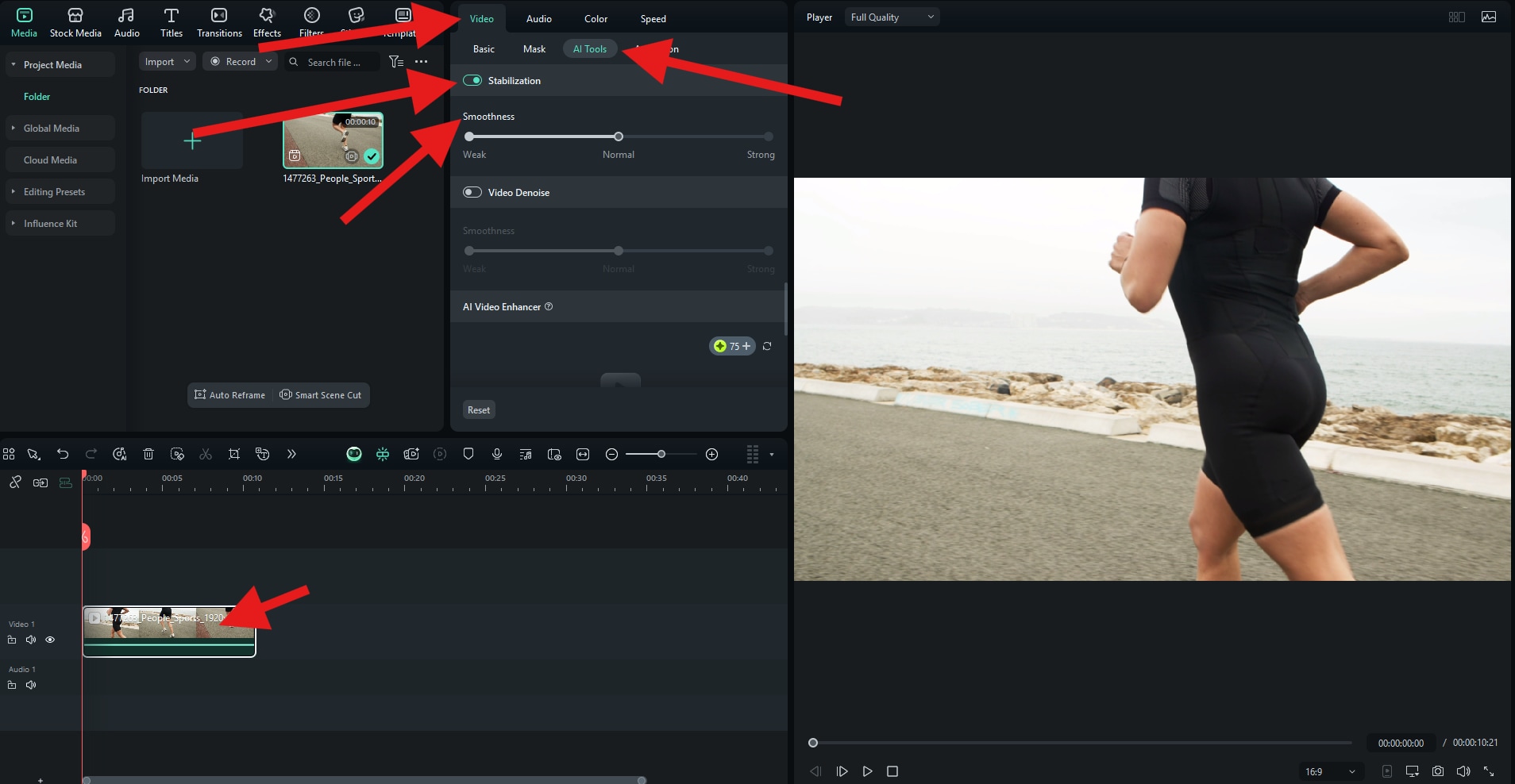 activate ai stabilization feature filmora pc