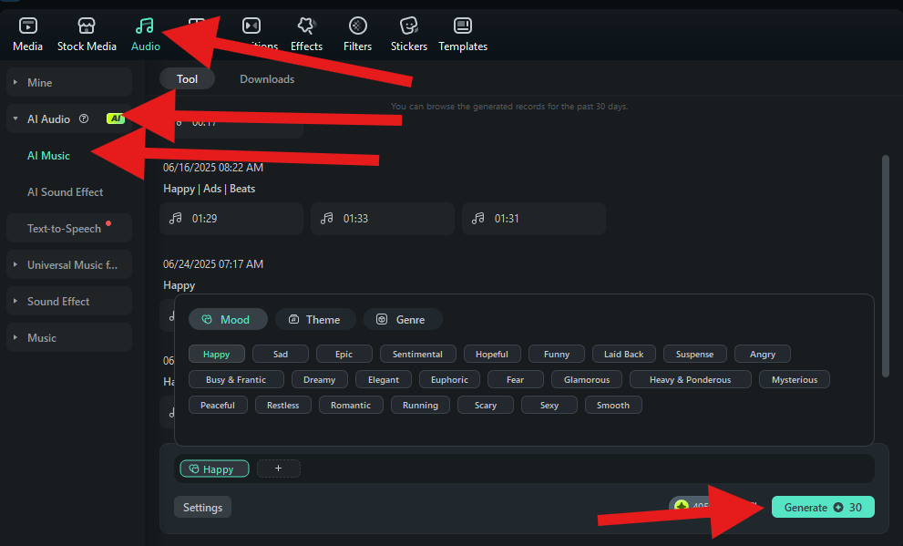 use ai music feature filmora pc