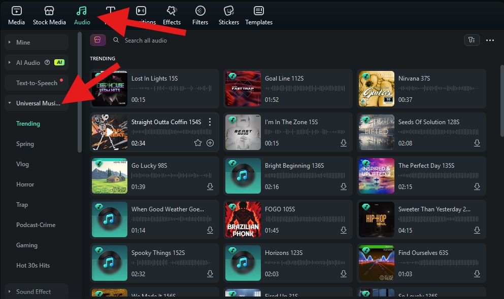 access universal music audio filmora pc