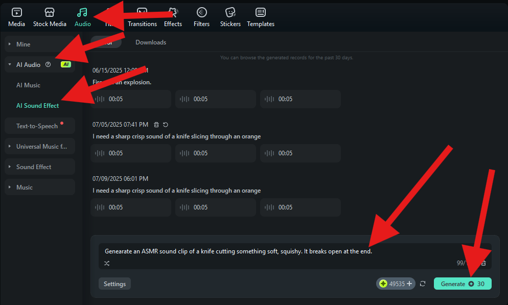 generate ai sound effects asmr filmora
