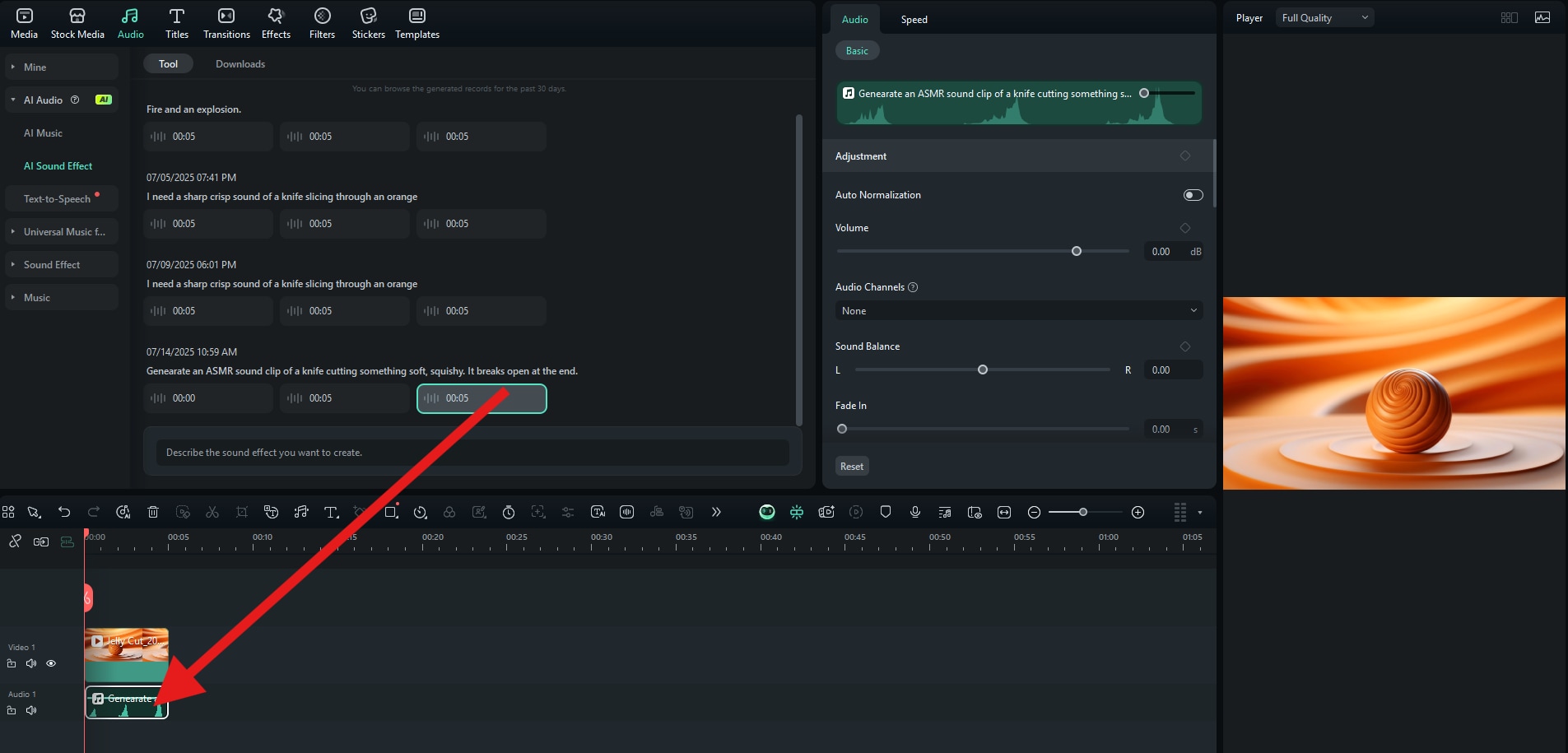 drag ai sound effect to timeline
