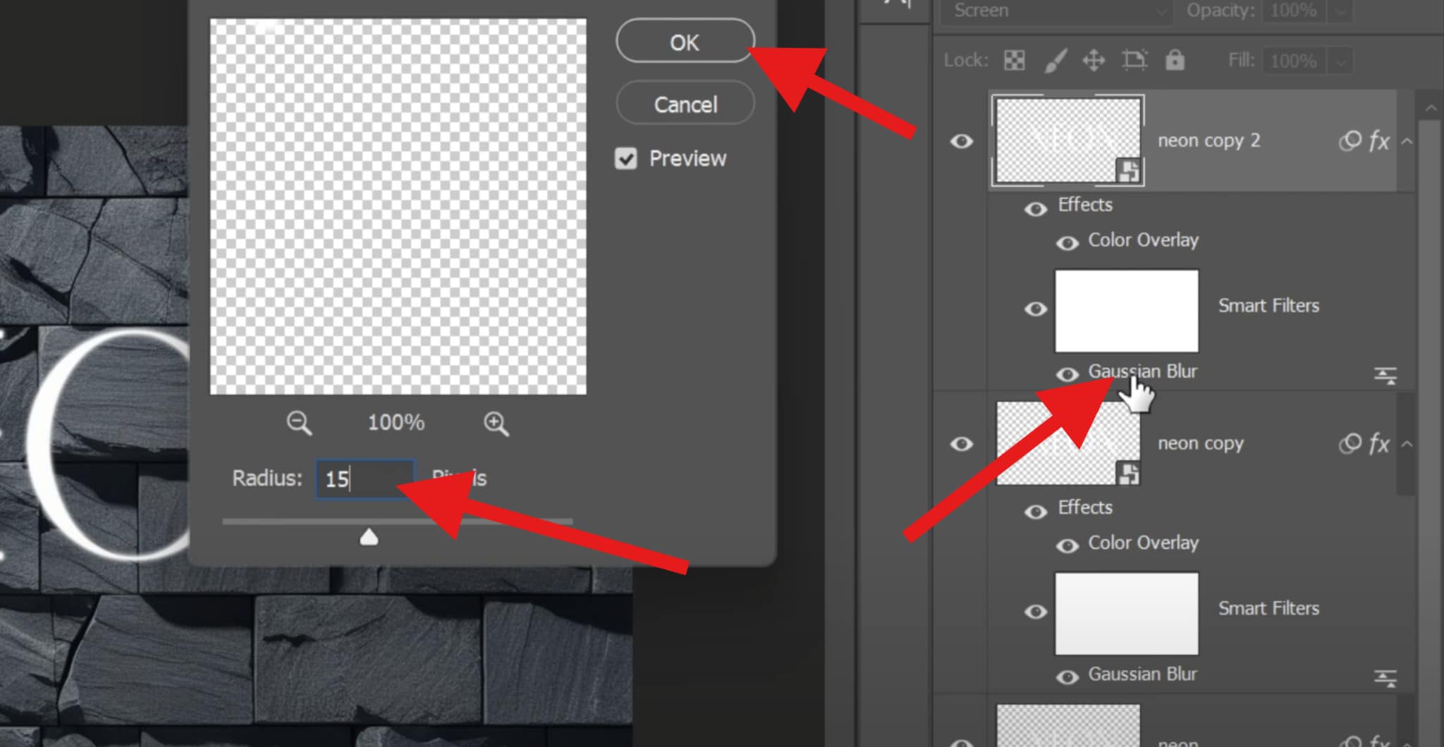 set gaussian blur radius to fifteen