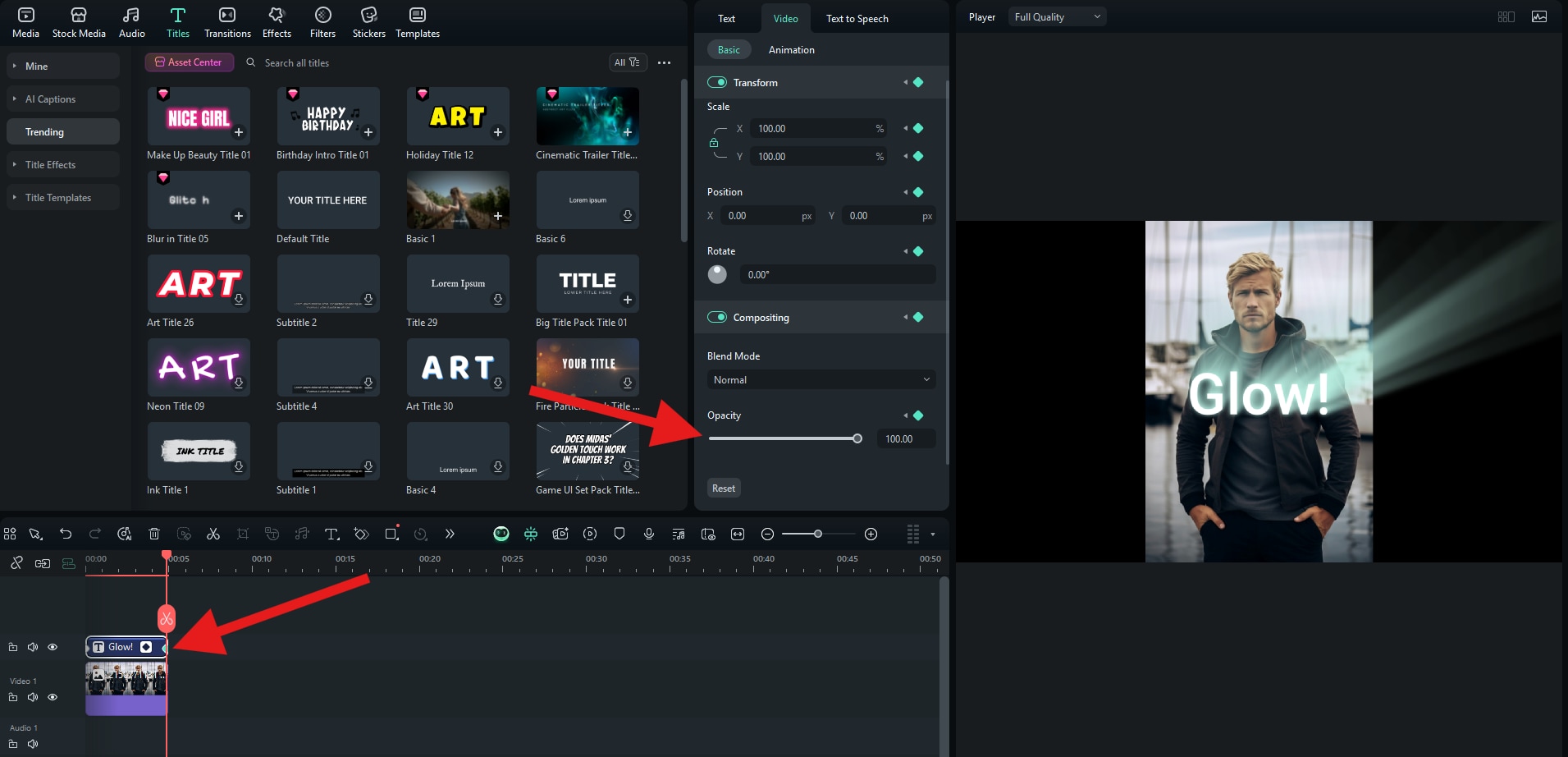 set opacity slider to hundred keyframes