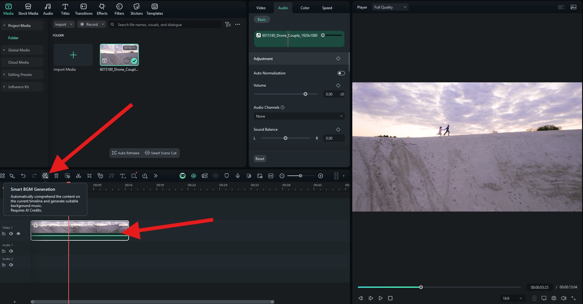 use smart BGM generation filmora pc