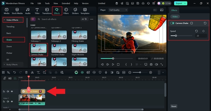 apply camera shake effect to timeline