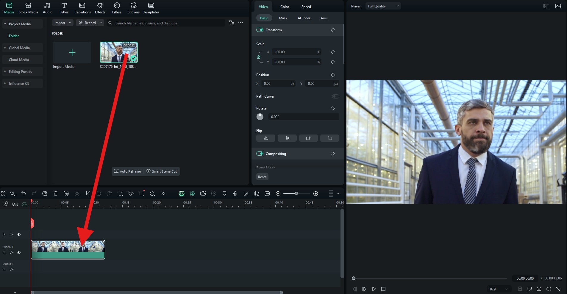 drag medium shot to editing timeline
