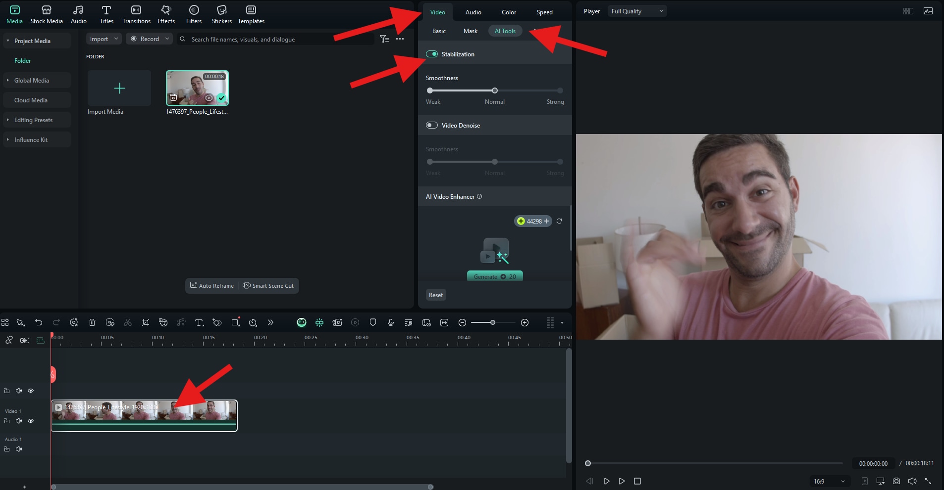 use ai stabilization feature filmora pc