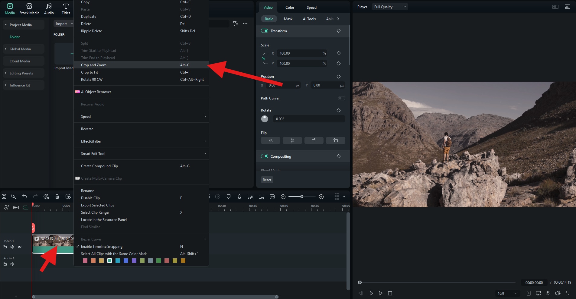 find crop and zoom feature filmora
