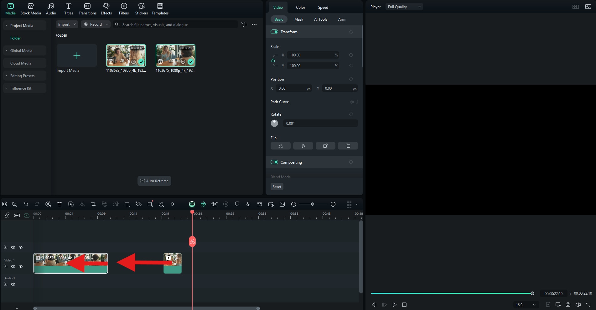 trim and move clips editing timeline