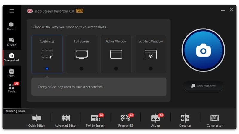 take screenshot menu in itop